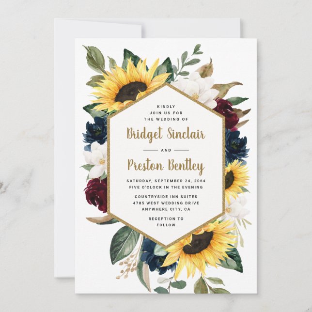 Sunflower Roses and Magnolia Rustic Themed Wedding Invitation (Front)