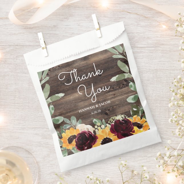Sunflower Roses Barn Wood Wedding Event Thank You Favour Bag (Clipped)