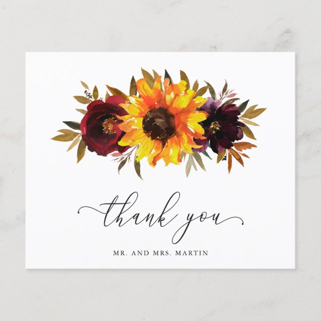 Sunflower Roses Budget Wedding Thank You Card (Front)