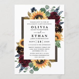 Sunflower Roses Burgundy Blue Engagement Party Invitation