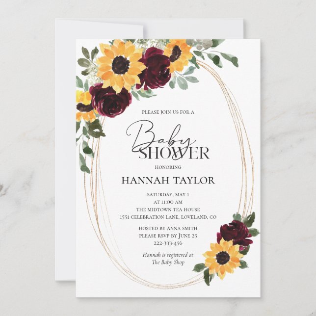 Sunflower Roses Burgundy Floral Baby Shower Invitation (Front)