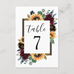 Sunflower Roses Burgundy Navy Wedding Table Number