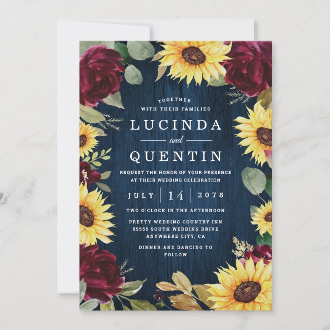 Sunflower Roses Burgundy Red and Navy Blue Wedding Invitation (Front)