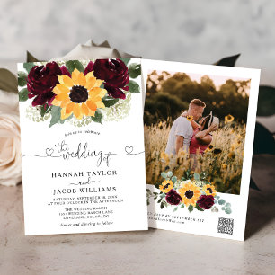 Sunflower Roses Burgundy Red Photo QR Code Wedding Invitation
