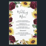 Sunflower Roses Burgundy Red Wedding Menu Cards<br><div class="desc">Design features beautiful watercolor sunflowers and burgundy red roses with elegant eucalyptus and other greenery elements.</div>