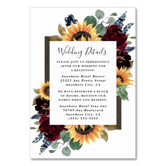 Sunflower Roses Burgundy Wedding Enclosure Cards (Front)