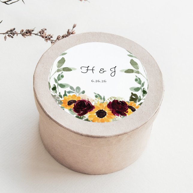 Sunflower Roses Eucalyptus Monogram Wedding Favour Classic Round Sticker (Creator Uploaded)