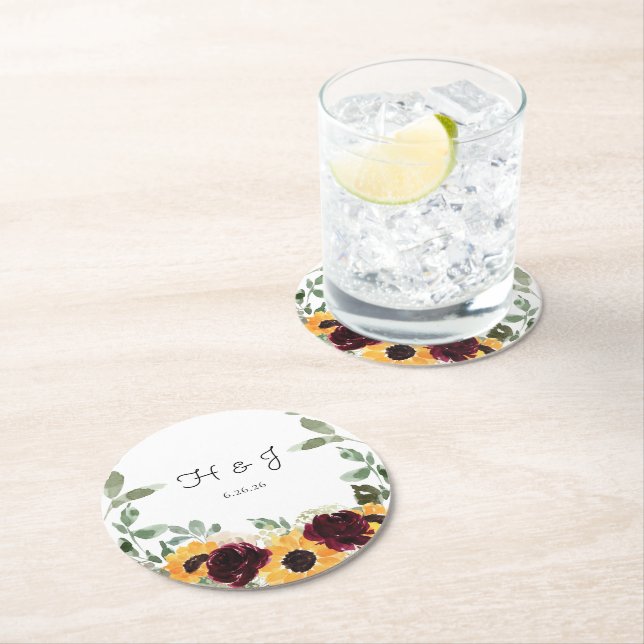Sunflower Roses Eucalyptus Monogram Wedding Round Paper Coaster (Insitu)