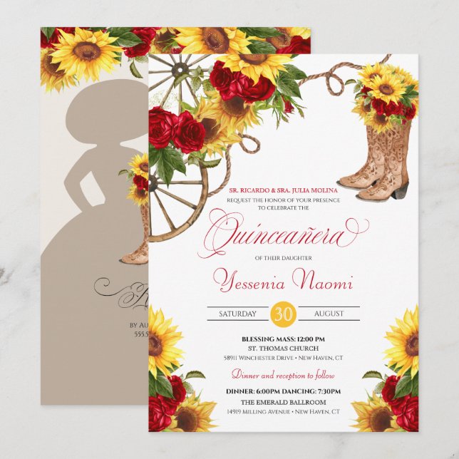 Sunflower Roses Floral Charra Quinceañera Invitation (Front/Back)