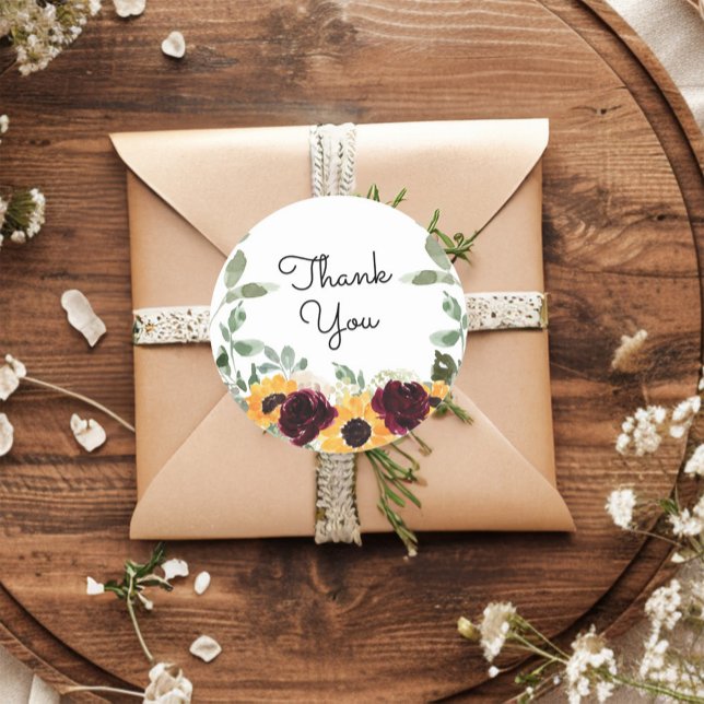 Sunflower Roses Greenery Thank You Classic Round Sticker (Creator Uploaded)