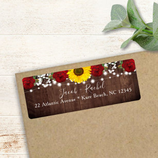 Sunflower Roses Mason Jar Lights Rustic Wedding Return Address Label