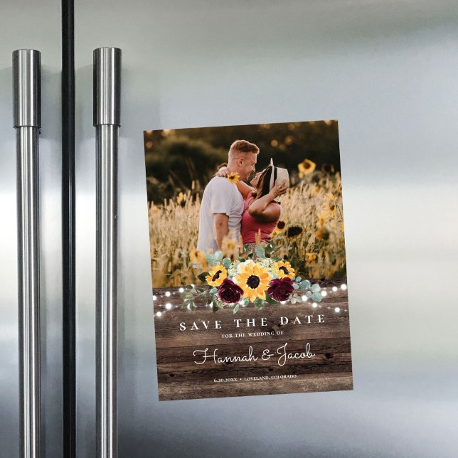 Sunflower Roses Photo Barn Wood Save the Date Magnetic Invitation (Creator Uploaded)