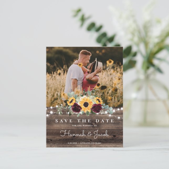 Sunflower Roses Photo Wood Save the Date Wedding Announcement Postcard (Standing Front)