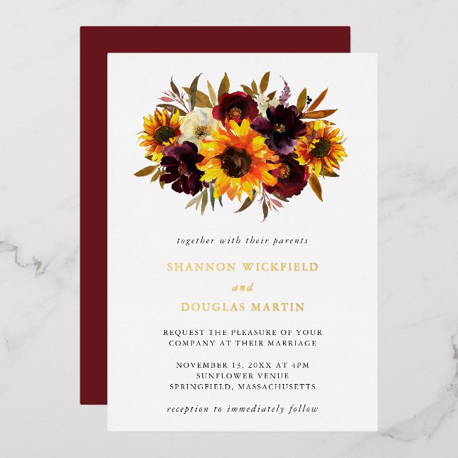 Sunflower Roses Purple Rustic Fall Wedding Gold (Front/Back)