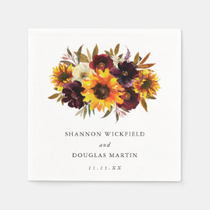 Sunflower Roses Red Purple Rustic Fall Wedding Napkin