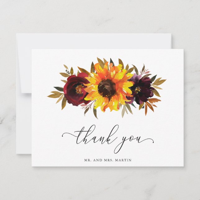 Sunflower Roses Red Purple Rustic Fall Wedding Thank You Card (Front)