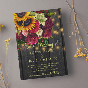 Sunflower roses rustic country barn wood wedding invitation