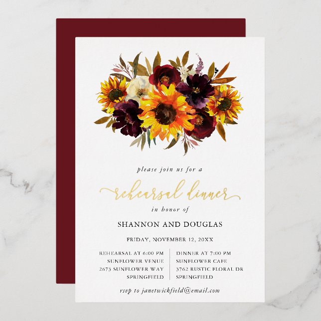 Sunflower Roses Rustic Fall Rehearsal Dinner Gold (Front/Back)