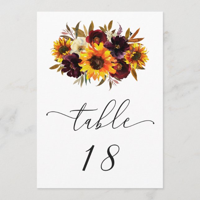 Sunflower Roses Rustic Fall Wedding Table Number (Front)