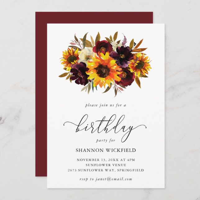 Sunflower Roses Rustic Fall Woman Birthday Party Invitation (Front/Back)