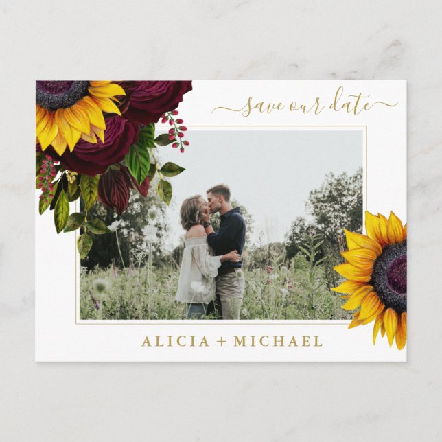 Sunflower roses rustic script save date wedding announcement postcard (Front)