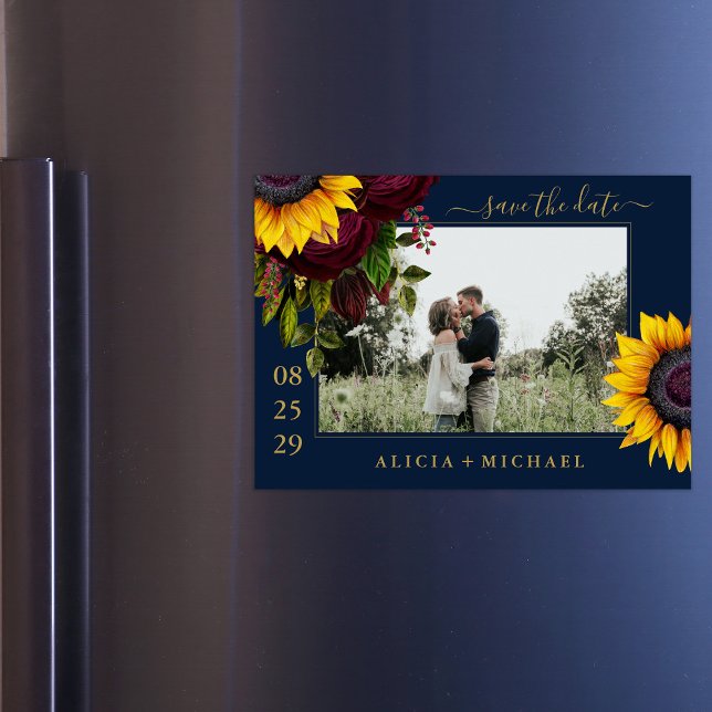 Sunflower roses rustic script save date wedding magnetic invitation (Creator Uploaded)