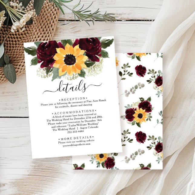 Sunflower Roses Rustic Wedding Details Enclosure Card (Creator Uploaded)