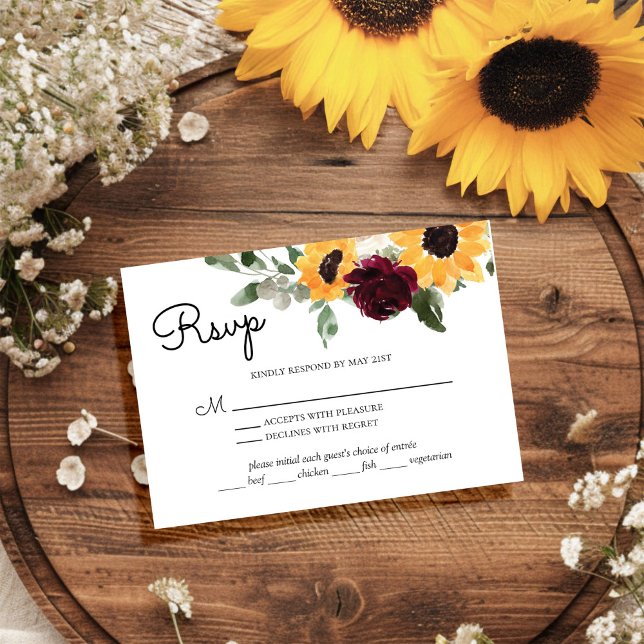 Sunflower Roses Rustic Wedding With Meal Choice RS RSVP Card (Creator Uploaded)