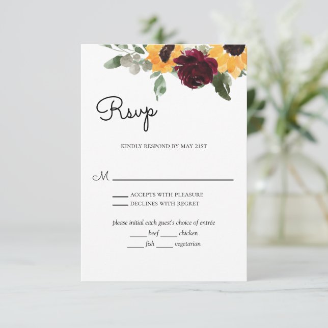 Sunflower Roses Rustic Wedding With Meal Choice  RSVP Card (Standing Front)