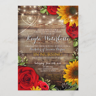 Sunflower & Roses Rustic Wood Graduation Invitation