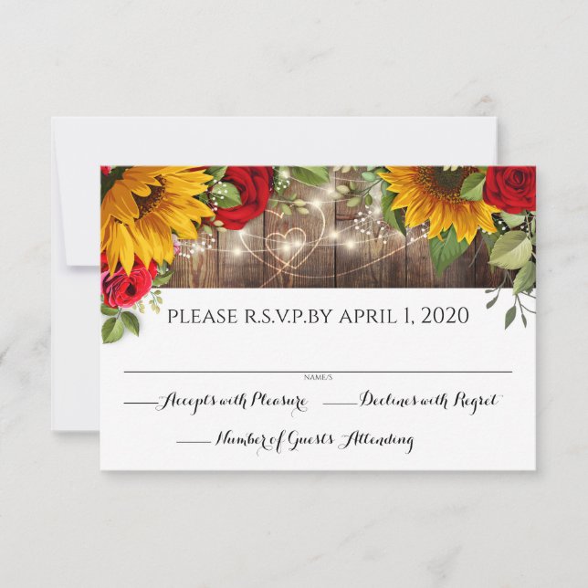 Sunflower & Roses Rustic Wood Lights RSVP Card (Front)