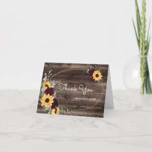 Sunflower Roses Rustic Wood Wedding Thank You Card