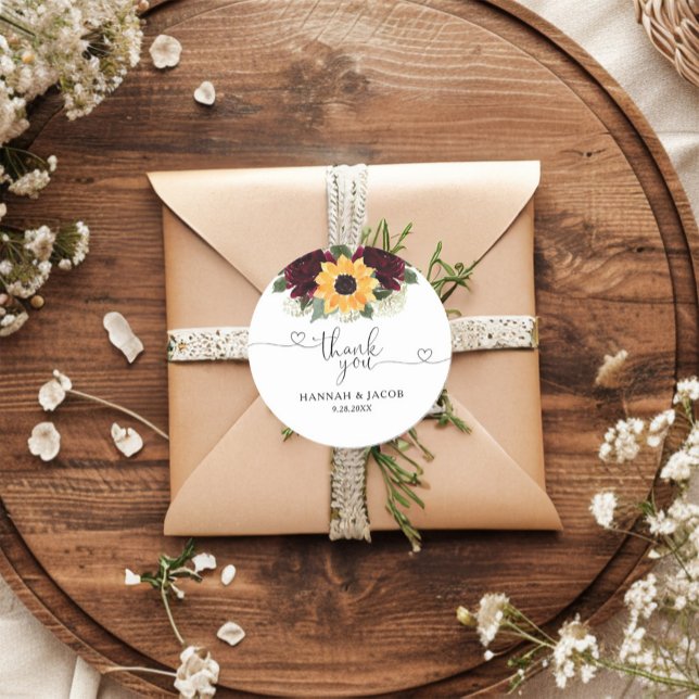 Sunflower Roses Wedding Thank You Favour Classic Round Sticker (Creator Uploaded)
