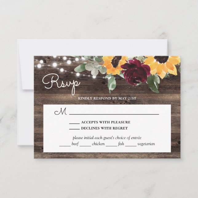 Sunflower Roses Wood Wedding With Meal Choice RSVP (Front)