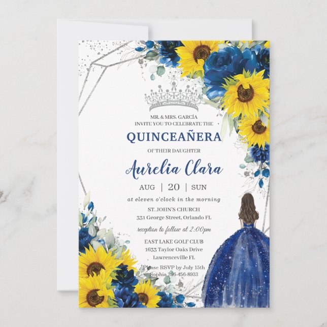 Sunflower Royal Blue Floral Princess Quinceañera Invitation (Front)