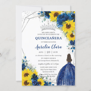 Sunflower Royal Blue Floral Princess Quinceañera Invitation