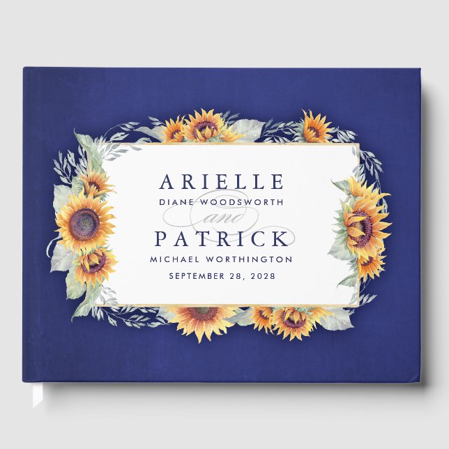 Sunflower Royal Blue Rustic Wedding Guest Book (Front)