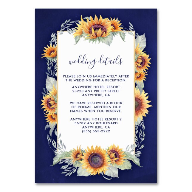 Sunflower Royal Blue Rustic Wedding Insert Cards (Front)