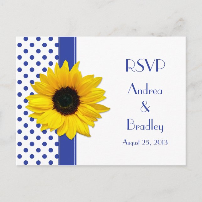 Sunflower Royal Blue White Polka Dot Wedding RSVP Invitation Postcard (Front)
