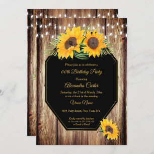 Sunflower Rustic Barn Wood Black String Lights Invitation