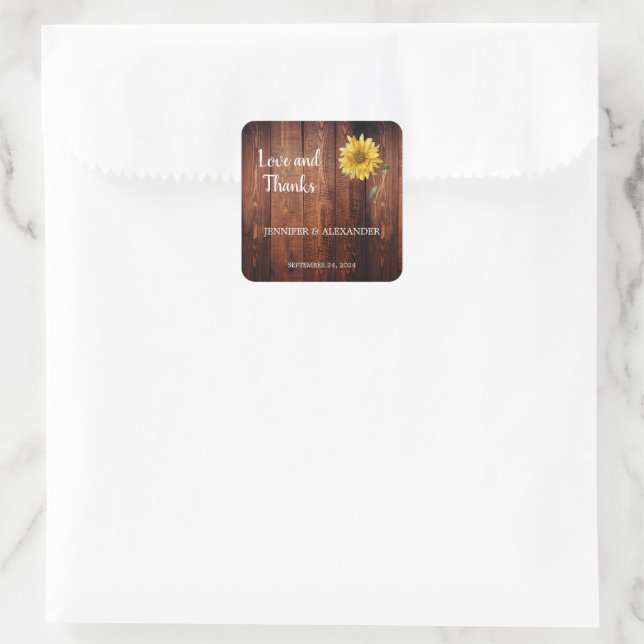 Sunflower rustic barn wood Love and Thanks Wedding Square Sticker (Bag)