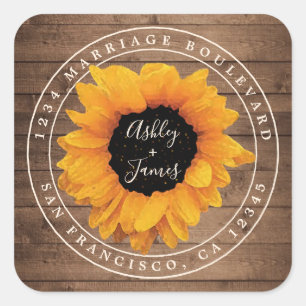 Sunflower Rustic Barn Wood Wedding Return Address Square Sticker