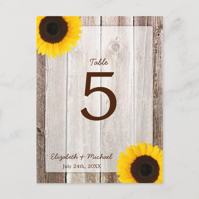 Sunflower Rustic Barn Wood Wedding Table Number Postcard (Front)