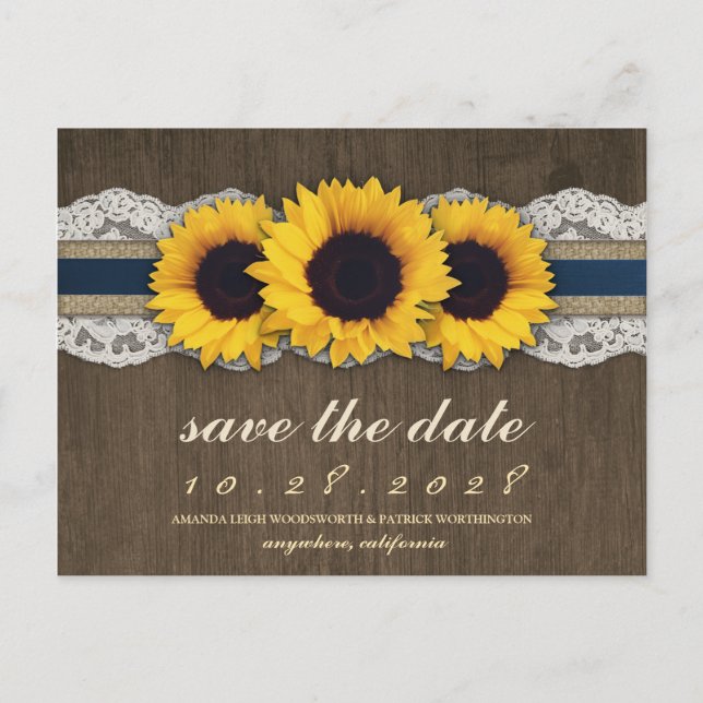 Sunflower Rustic Blue Burlap Save The Date Cards (Front)