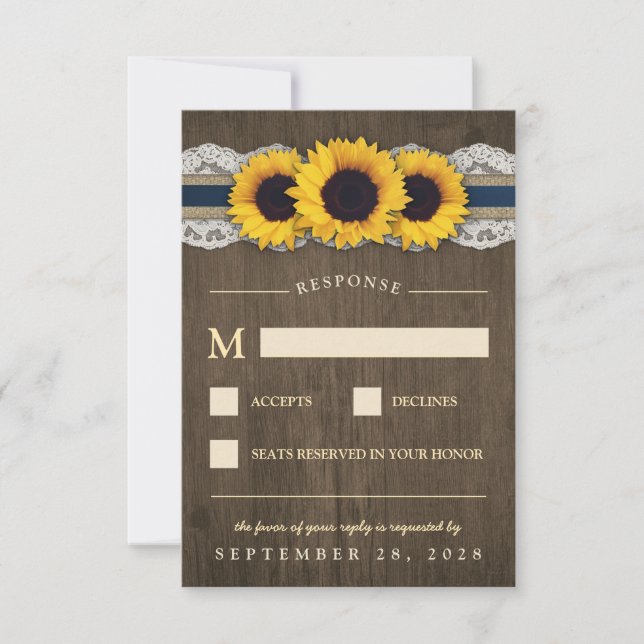 Sunflower Rustic Blue Burlap Wedding RSVP Cards (Front)