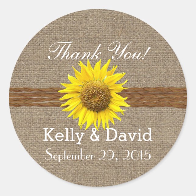 Sunflower Rustic Burlap Country Wedding Classic Round Sticker (Front)