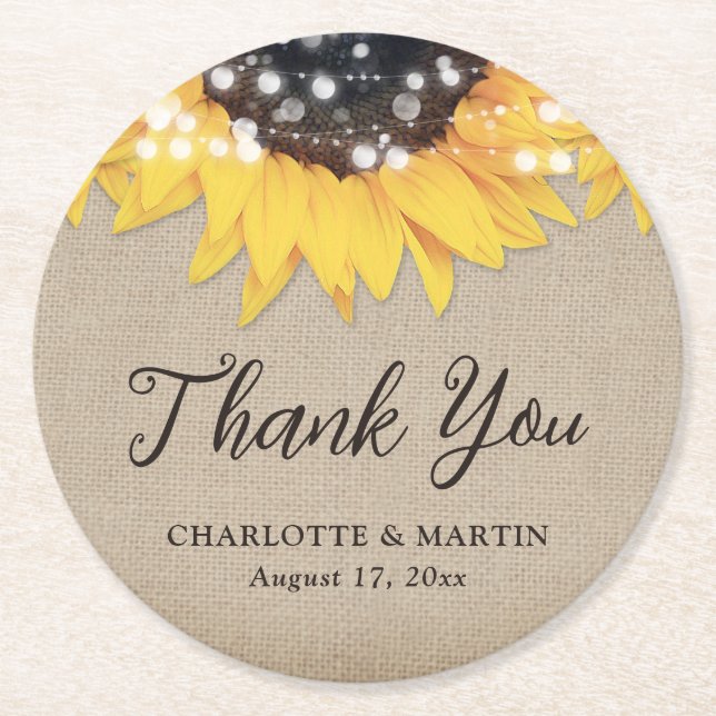 Sunflower Rustic Burlap Wedding Thank You Round Paper Coaster (Front)
