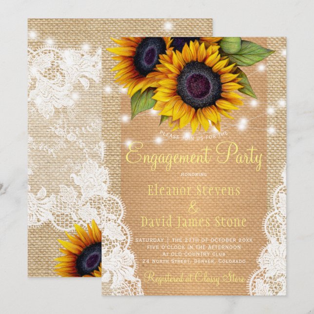 Sunflower rustic country burlap lace engagement invitation (Front/Back)