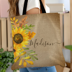 Sunflower Rustic Country Burlap Personalised Name Tote Bag