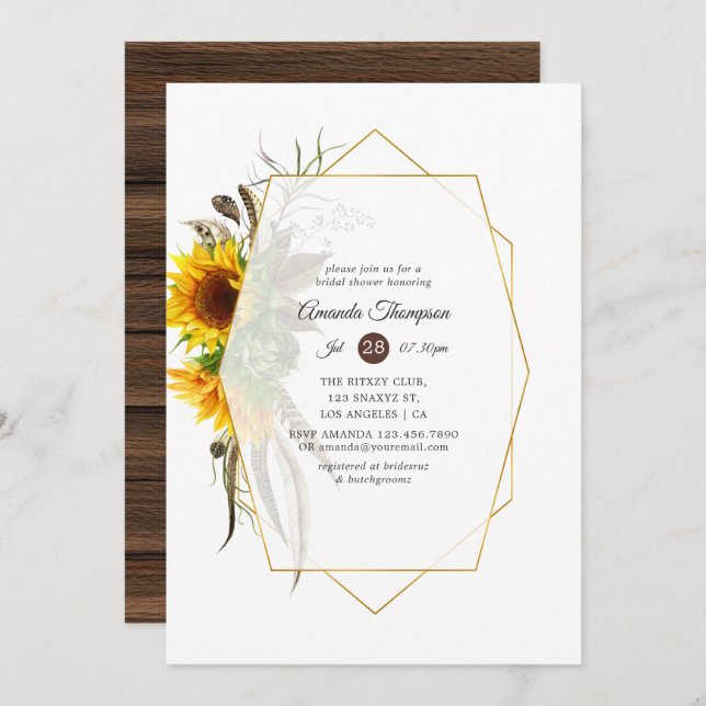 Sunflower Rustic Country Geometric Bridal Shower Invitation (Front/Back)